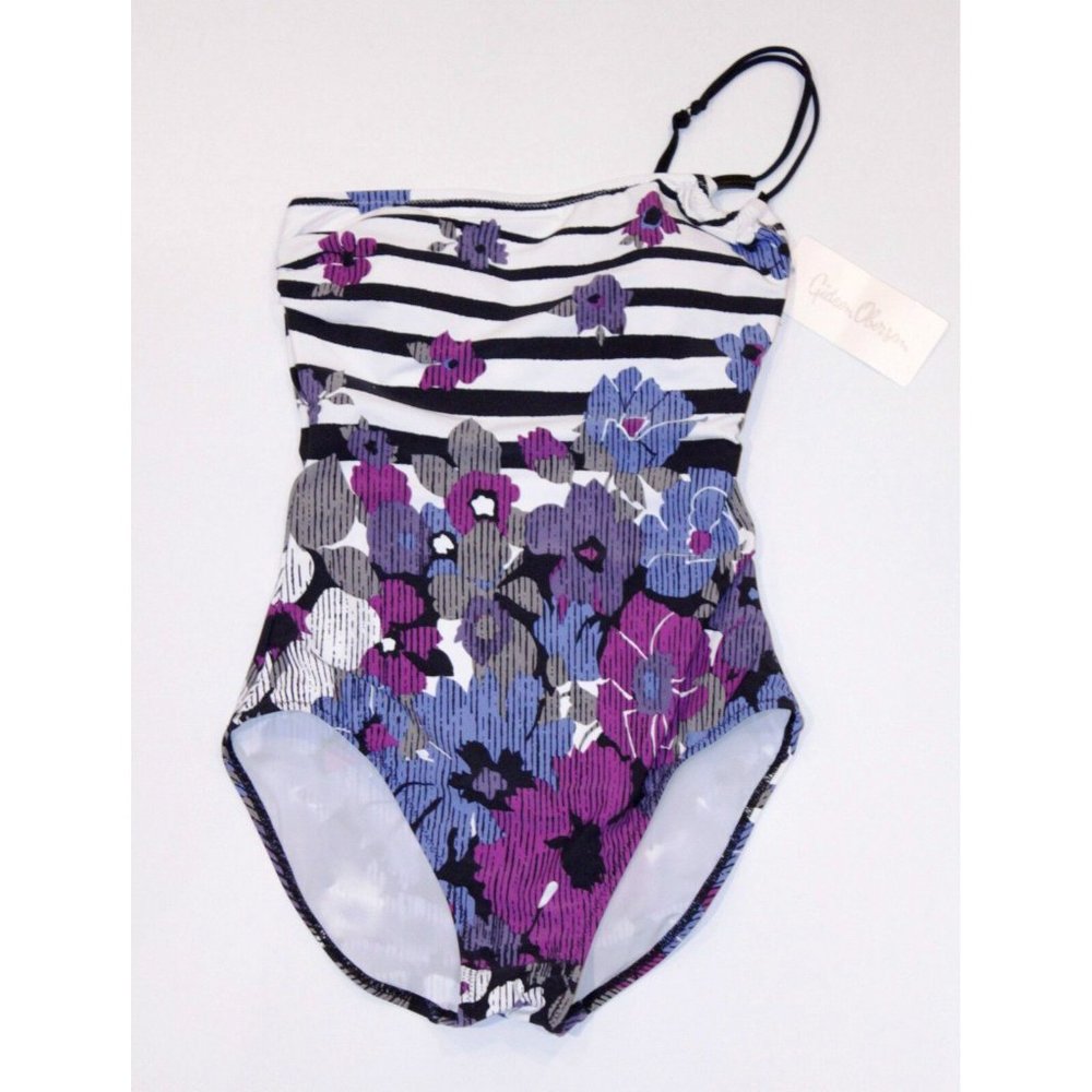 GIDEON OBERSON Purple FLORALS Striped ONE SHOULDER Swimsuit ( 8 )